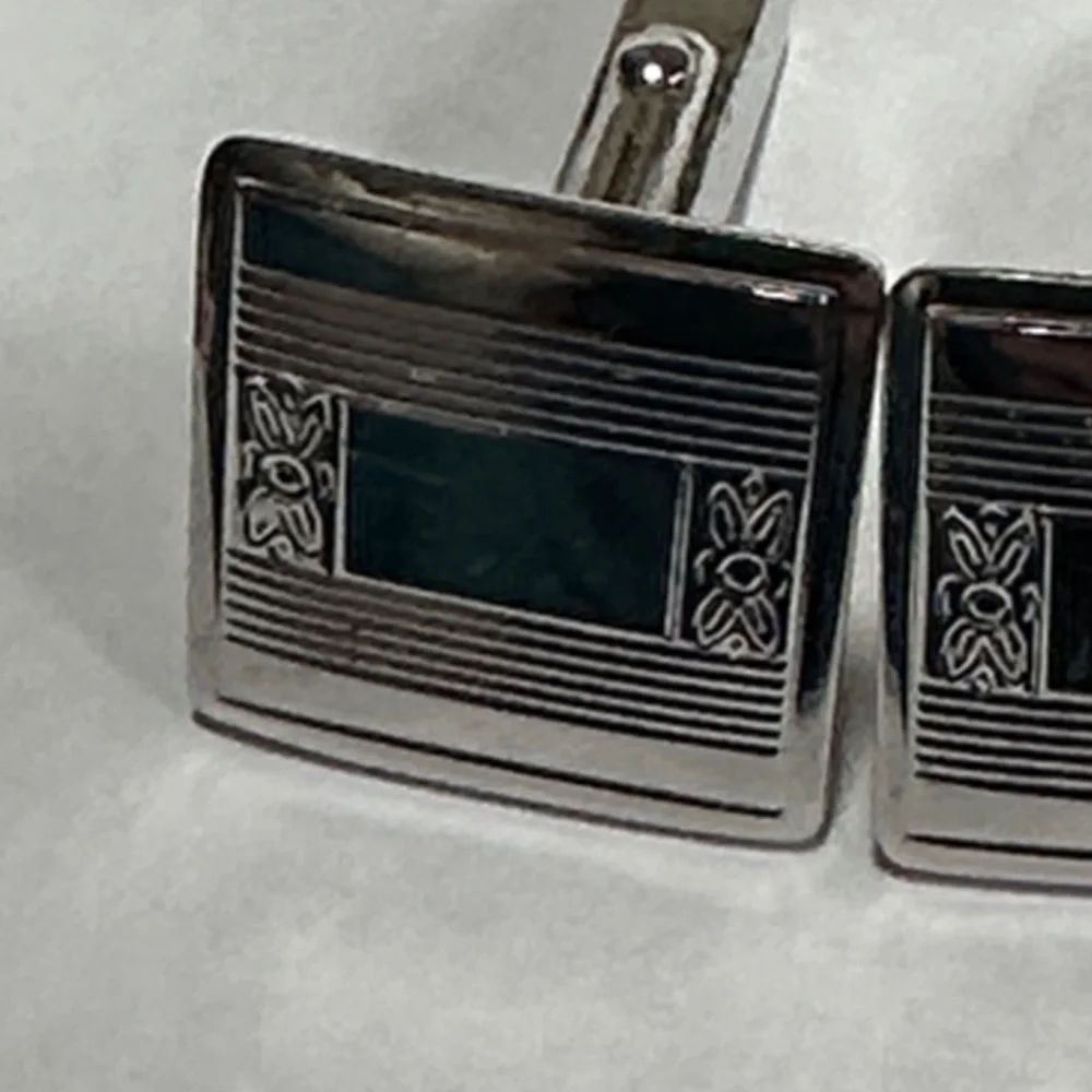Sterling Silver MCM Square Cufflinks Set floral stripes (SS on front only)